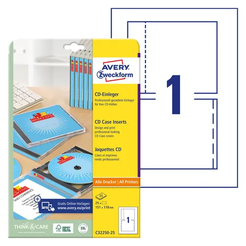 AVERY Zweckform CD-Einleger C32250-25 weiß - Gestalten Sie individuelle CD-Hüllen mit AVERY Zweckform. Das Set enthält A4-Bögen mit Mikroperforationen für einfaches Heraustrennen. Nutzen Sie die kostenlose Online-Software für kreative Designs und hochwertige Farbausdrucke.