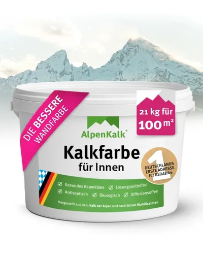 AlpenKalk® Kalkfarbe INNEN 21 kg - Perfekte Deckkraft mit nur einem Anstrich - Farben: Wischfeste, strapazierfähige Kalkfarbe für lebendige Räume. Natürliche Pigmente ermöglichen individuelle Farbgestaltung – einfach einrühren und auftragen!