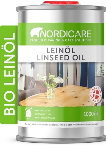 Nordicare Leinöl [1L] für Holz zum Holzschutz I Leinöl Firnis Holzöl für Innen I Möbel Holzöl, Leinenöl Holz