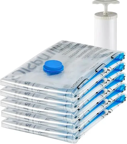 Amazon Basics Vakuumbeutel für Kleidung mit Luftdichtem Ventil und Handpumpe - Mittelgroß, 5er-Pack, Reißverschluss, Durchsichtig