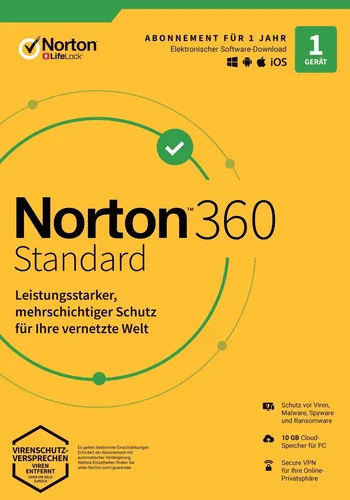 NORTON 360 Standard 1-Gerät - 1 Jahr (2025) DEUTSCH - KEIN ABO - Security-Suite für Antivirus und Internetsicherheit, schützt Ihr Windows 11 Gerät effektiv ohne Abo-Falle.