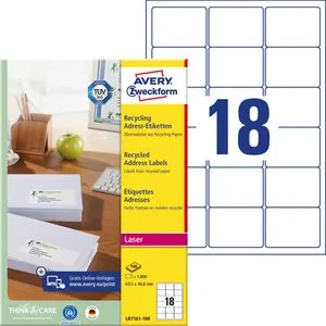 Zweckform Adressetiketten LR7161-100 Recycling - Recycling-Adhesive Adressetiketten, 63,5 x 46,6mm, 1800 Stück auf A4. Nachhaltig und umweltschonend, ideal für den Druck mit Laserdruckern.
