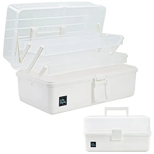 Creahaus 33cm 3-Regal Mehrzweck-Aufbewahrungsbox, Sortierbox, Organizer Box, Bastelbox, Nähkasten, Medizinkoffer, Toolbox, Angelkoffer mit 2 Regalen (Weiß)