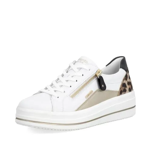 Plateausneaker REMONTE Damen Gr. 40 - Weiß-Leo mit Animal-Print - Stylische Plateausneaker von Remonte aus Leder und Lederimitat, mit komfortabler Soft-Einlage. Ideal für den Alltag, mit 4,5 cm Absatzhöhe und leichtem Profil für optimalen Halt.