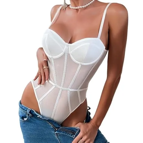 Haibang Body Damen Sexy Spitze Sheer Mesh Bodysuit Transparenter Spaghettiträger Ärmellos Body Rückenfreie Oberteil Slim Fit Jumpsuit Stretchy Netz Unterziehbody Blusebody Mode Going Out Tops Clubwear