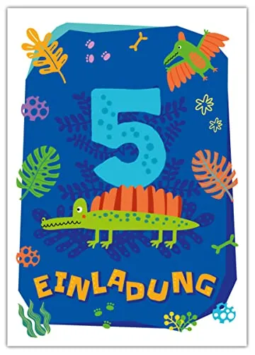 Junapack 12 Einladungskarten zum 5. Kindergeburtstag fünfte Geburtstag Jungen Dinosaurier Dino Geburtstagseinladungen