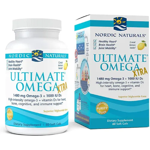 Nordic Naturals Ultimate Omega Xtra + D3 Zitrone, 60 Kapseln - Vitamine & Mineralien, optimiert für allgemeines Wohlbefinden mit hochwertigen Omega-3-Fettsäuren und Vitamin D3 in einer geschmackvollen Zitronen-Formulierung.