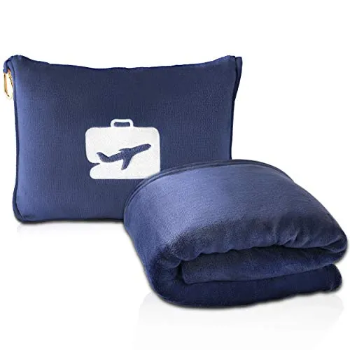 EverSnug Reisedecke und -Kissen - hochwertige, weiche 2-in-1-Flugzeugdecke mit weichem Kopfkissenbezug, Handgepäckgurt, und Rucksackclip (Marineblau)