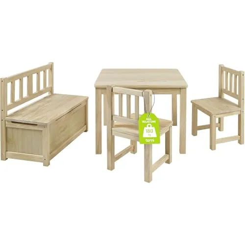 BOMI Kindersitzgruppe Holzsitzgruppe Anna - 4-tlg. für kleine Entdecker - Sitzgarnituren aus massivem Kiefernholz, perfekt für kreative Spielstunden. Die naturbelassene Oberfläche sorgt für Sicherheit und ein gesundes Raumklima.