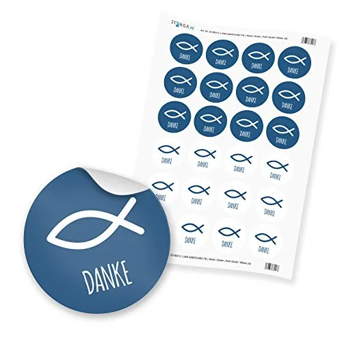 24x itenga Sticker Aufkleber Fisch Taufe Kommunion Konfirmation Firmung Gastgeschenk für Jungen und Mädchen (Blau mit Text)