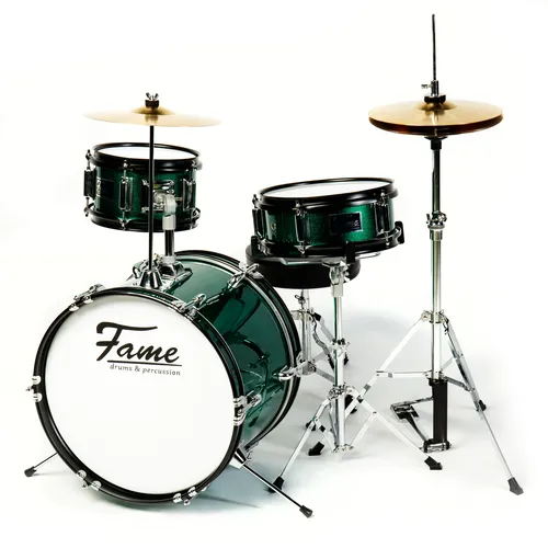 Fame 3 PC Drumset Green - Komplettes Schlagzeugset mit Bass Drum, Tom, Snare, Hardware und Hocker, ideal für Zuhause mit hochwertigem Sound und Zubehör