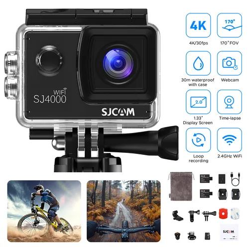 SJCAM SJ4000 Action Cam 4K30fps WiFi Kamera - Camcorder mit 12MP Ultra HD und 170° Weitwinkel, ideal für Sportaufnahmen und Live-Streaming dank integrierter WiFi-Funktion.
