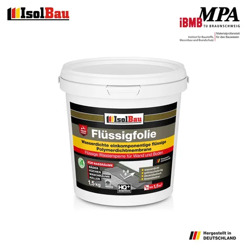 Flüssigfolie 1,5 kg - Hochflexible Dichtfolie für Bad und Küche - Produktart: Flüssigfolie, ideal für feuchte Räume. Schützt zuverlässig vor Nässe und verbessert das Haftvermögen von Fliesenklebern. Einfache Anwendung mit Pinsel oder Roller.