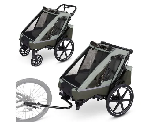 ABC Design Fahrradanhänger Tour 2 Olive - Vielseitig und kompakt - Der ABC Design Fahrradanhänger Tour 2 ist ideal für aktive Familien. Er lässt sich als Kinderwagen, Jogging-Buggy oder Fahrradanhänger nutzen und ist kompakt faltbar für einfachen Transport. Komfortsitze mit Liegefunktion bieten höchsten Sitzkomfort.