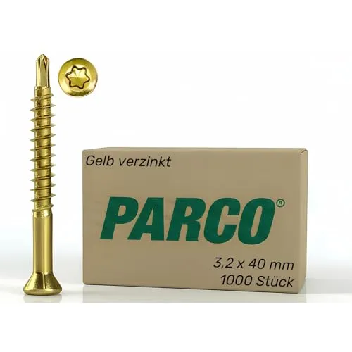 PARCO Dielenschrauben 3,2x40mm, Gelb-chromiert, TX10, 1000 Stück - Holzschrauben für Dielen und Wandverkleidungen, mit innovativem Gewinde für rissfreie Montage und optimaler Kraftübertragung, ideal für Innen- und Außenausbau.