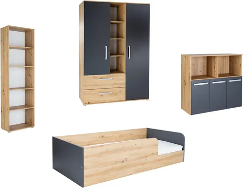 Kinderzimmer 4er-Set Alessio, mehrfarbig - Jugendzimmer-Set mit bodennahem Kinderbett für selbstständiges Ein- und Aussteigen, pflegeleichte Oberfläche und hochwertige Artisan-Oak-Nachbildung.