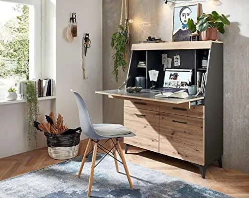 möbelando Sekretär Secret in Graphit/Artisan Eiche - Stylischer Sekretär aus MDF, ideal für Home Office mit 4 Fächern hinter der Klappe und 2 Schubkästen für optimalen Stauraum.