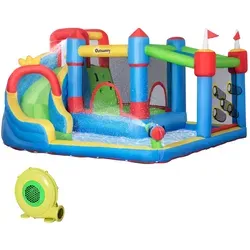 Outsunny Hüpfburg mit Gebläse und Wasserrutsche - Hüpfburg für Kinder ab 3 Jahren mit Wasserspielcenter, Kletterwand und Trampolin – ideal für heiße Sommertage und unvergesslichen Spielspaß im Garten!
