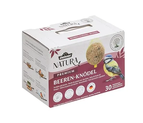 Dehner Natura Premium Meisenknödel mit Netz, Beerenknödel, ganzjähriges Wildvogelfutter proteinreich / energiereich, 30 Stück je 90 g (2.7 kg), Karton aus FSC-zertifizierter Produktion