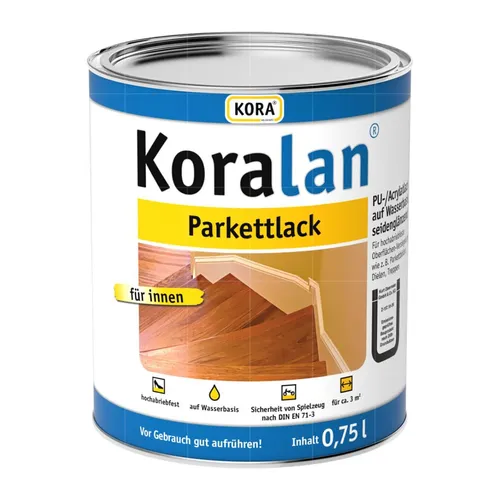 Kora Koralan Parkettlack 0,75L - Wasserbasierter Parkettlack für den Innenbereich, ideal für Holzoberflächen. Trocknet klar und sorgt für seidglänzenden Schutz. Einfach aufzutragen mit Pinsel oder Roller.
