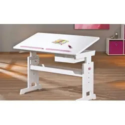 Schreibtisch Isle, weiß - Höhenverstellbarer Kinderschreibtisch aus Massivholz mit neigbarer Tischplatte und Schubfach für Arbeitsmaterialien, ideal für ergonomisches Lernen.