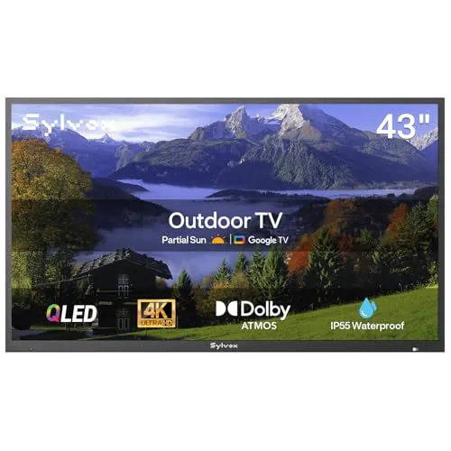 SYLVOX Outdoor Fernseher, 43 Zoll Smart QLED TV, Wetterfest Outdoor TV Support Google Assistant, 4K UHD, Dolby Atmos, IP55 Wasserdicht, 1000 Nits Helligkeit TVS für Terrasse, Garten, Gastronomie