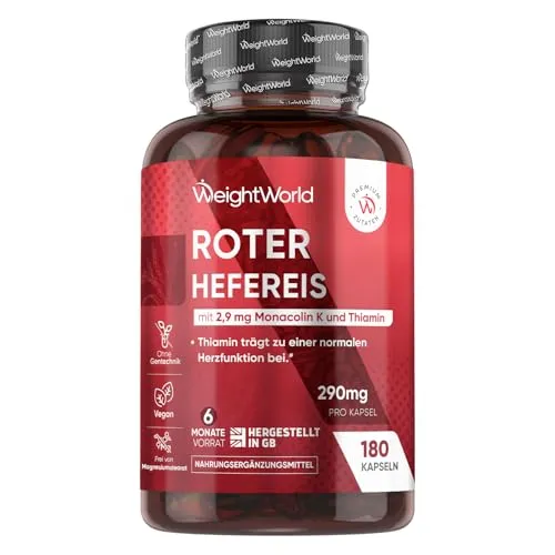 WeightWorld Rote Hefereiskapseln - 180 vegane Kapseln - Die WeightWorld Rote Hefereiskapseln bieten 290 mg roten Hefereis pro Kapsel sowie CoQ10 und Vitamin B1. Ideal für eine tägliche Unterstützung, vegan und leicht zu schlucken. 6 Monate Vorrat für Ihr Wohlbefinden.