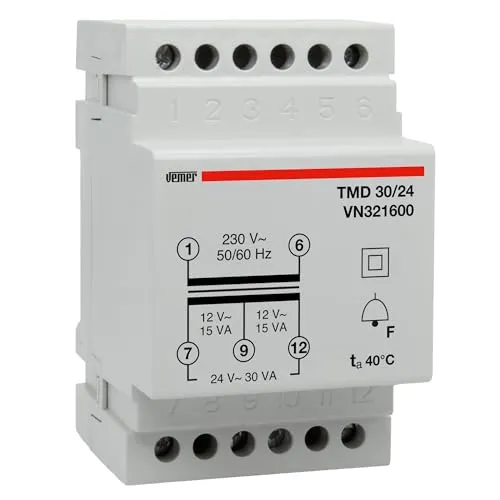 VEMER VN321600 TMD 30/24 - Klingeltrafo für Hutschienen, Trafo mit Primärspannung 230V, Sekundärspannung 12-24V und Leistung 30VA, Weiß