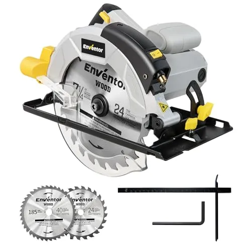 Kreissäge ENVENTOR 1200W Handkreissäge mit Führungsschiene - Sägen: Leistungsstarker 1200W Kupfermotor mit Laserführung für präzise Schnitte in Holz, Kunststoff und Metall. Inklusive 2 Sägeblätter (24T+40T) für vielseitige Anwendungen.
