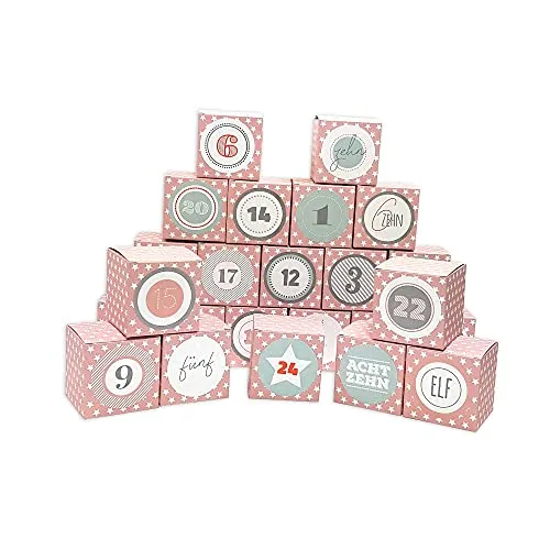 Frau WUNDERVoll® DIY Adventskalender Vorfreude zum Befüllen, 24 Faltschachteln rosa weiße Sterne 7x7x7cm (gefaltet), XL Ziffern pastell/Weihnachten, Aufkleber, Würfelbox, Faltverpackung, Schachteln