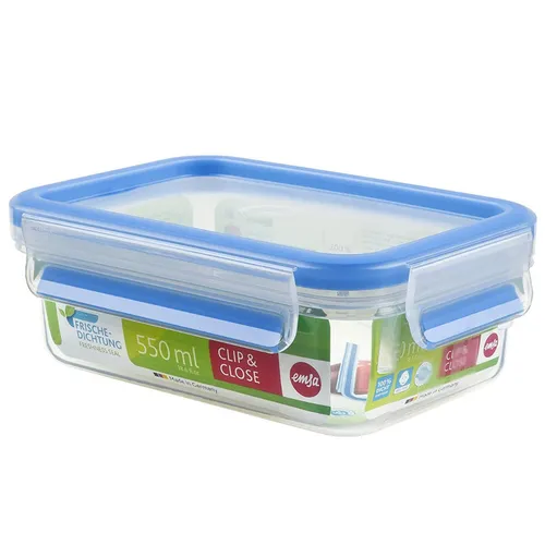 EMSA Clip & Close Frischhaltedose rechteckig 550 ml - Praktische Frischhaltedose für den sicheren Transport von Lebensmitteln. 100 % dicht und hygienisch, ideal für flüssige Speisen. Spülmaschinen- und mikrowellengeeignet, Maße: 16,3 x 11,3 x 5,8 cm.