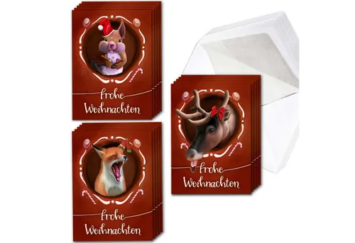 TOBJA Weihnachtskarte Weihnachtskarten 15x Klappkarten Set mit Umschlag Tiere Lebkuchenhaus, 15 festliche Weihnachtskarten inkl Umschlag