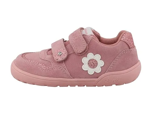 Lurchi Jola Barefoot Barfußschuh - Modischer Halbschuh in Rosa mit Blüten-Applikationen, ideal für gesunde Füße dank herausnehmbarer Innensohle und Größen-Schablone zum Download.