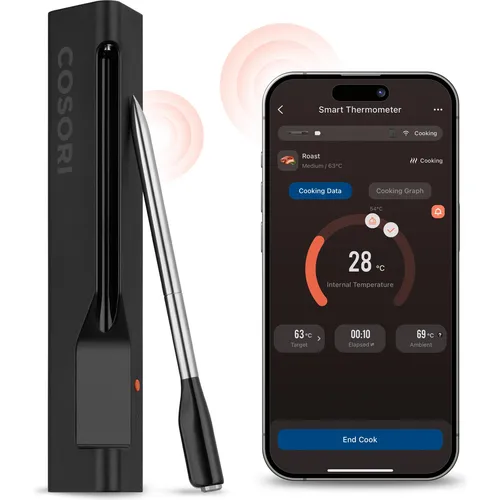 Cosori Smart Kitchen Thermometer mit Sonde – Digitales Küchenthermometer - Praktisches digitales Küchenthermometer für Kochen, Backen und Grillen. Mit Magnet, kabellosem Empfänger und Halter – ideal für präzise Temperaturmessungen bis 300 °C.