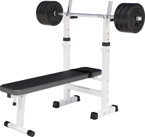 GORILLA SPORTS Hantelbank mit Ablage und Hantelset - Hantelbänke für effektives Krafttraining: Klappbare Hantelbank mit 100kg Set, verstellbarer Ablagehöhe und integrierten Dip-Griffen für vielseitige Übungen.
