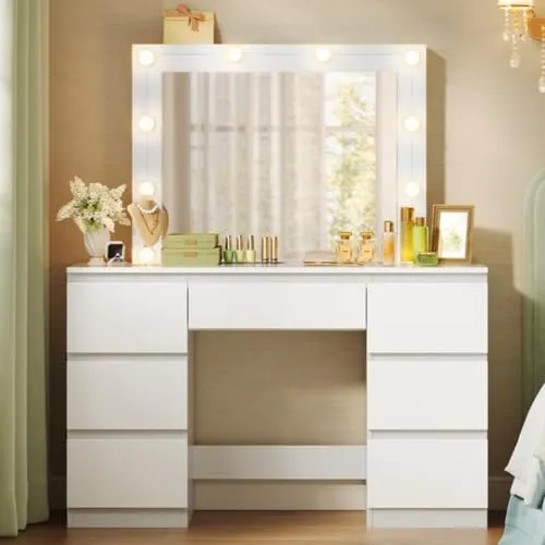 Woltu Schminktisch, Weiß, 7 Schubladen - Sonstige Schlafzimmermöbel mit LED-Spiegel und 3 Helligkeitsmodi für optimale Sicht beim Schminken, ideal für eine stilvolle und ordentliche Aufbewahrung von Kosmetik.
