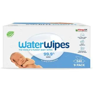 WaterWipes Feuchttücher Baby, 540 Tücher, unparfümiert - Babypflege, besonders sanfte Reinigung für empfindliche Haut, 99,9% gereinigtes Wasser, ideal für Frühchen und Allergiker, plastikfrei und dermatologisch getestet.