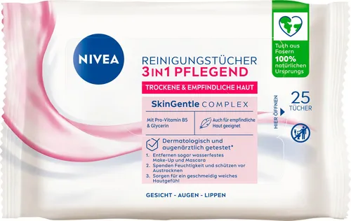 NIVEA Reinigungstücher 3in1 Pflegend - Reinigungstücher für das Gesicht, entfernen sanft wasserfestes Make-Up und spenden Feuchtigkeit mit Glycerin und Mandelöl – ideal für trockene und empfindliche Haut.
