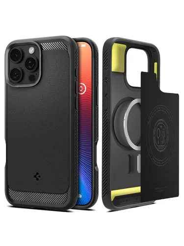 Spigen Rugged Armor MagFit Hülle für iPhone 16 Pro - Kompatibel mit MagSafe, matte schwarze TPU-Hülle mit Karbon-Look und Stoßschutz