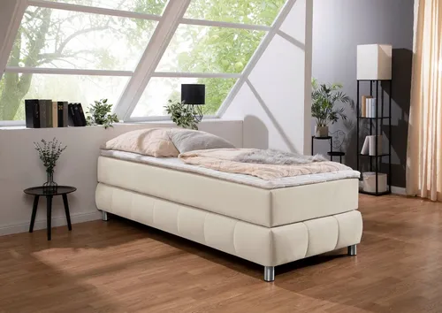 Boxspringbett ANDAS "Salo" - Beige, 96x206 cm, ohne Kopfteil - Komplettbett in skandinavischem Design mit 7-Zonen-Kaltschaummatratze und Komfortschaum-Topper für optimalen Schlafkomfort. Ideal für individuelles Einrichten und Wohlfühlen.