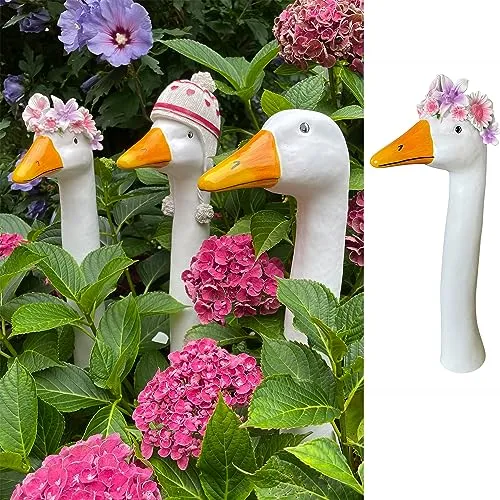 OF Gänsehals Gartenstecker Gans - Höhe 35 bis 38 cm groß - Deko Gartenfiguren für außen (Blumenkranz)