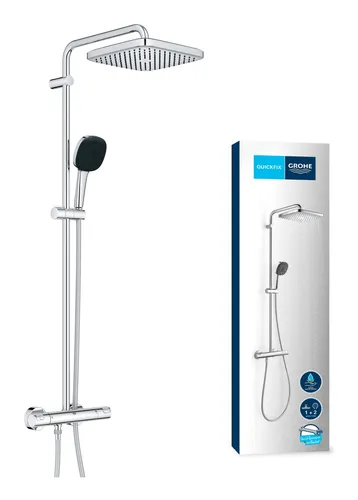 GROHE Duschsystem Vitalio Comfort 250, verchromt - Brausegarnituren mit 25 cm Regendusche für üppigen Brauseregen, Thermostat mit GROHE SafeStop & Water Saving für perfekten Wasserfluss und Sicherheit.