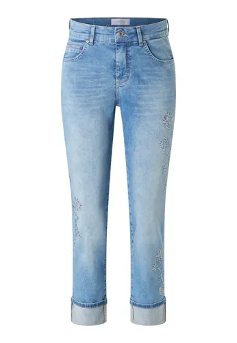 Angels Denim »Cira Boho« Damenhose Gr. 42 - Himmelblau - Moderne Damenhose im Slim Fit mit seitlicher Blumenstickerei und Pailletten. Der fixierte Umschlag am Saum verleiht einen besonderen Look. Elastisches Material sorgt für hohen Tragekomfort.