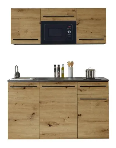 BASIC by Balculina Jazz Singleküche 160 cm - Küchenzeilen mit modernem Design, inklusive Mikrowellenumbauschrank und wahlweise E-Geräten – ideal für platzsparende Singleküchen.