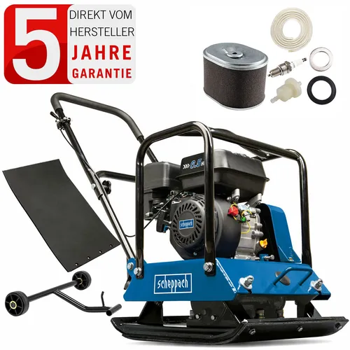 Scheppach Rüttelplatte 104 KG mit Wartungskit - Robuste Rüttelplatte mit 6,5 PS Benzinmotor für effiziente Verdichtung. Inklusive Wartungskit und PU-Matte, ideal für Bauprojekte und Gartenarbeiten.