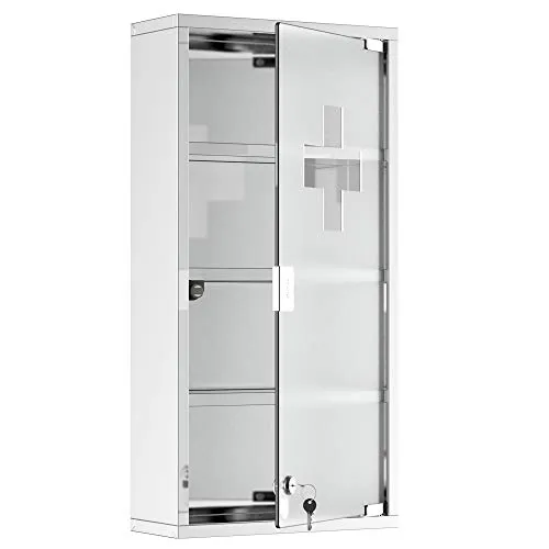HOMCOM Medizinschrank mit 4 Fachböden - Medizinschrank aus Edelstahl und Sicherheitsglas, ideal für eine sichere Aufbewahrung von Medikamenten und Verbandsmaterial, kompakte Maße für jeden Raum