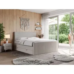 MKS Boxspringbett Beige 200x200 cm - Modernes Boxspringbett mit genähter Kopfstütze und zwei geräumigen Stauraumbehältern für ein aufgeräumtes Schlafzimmer. Hochwertige Matratzen für optimalen Schlafkomfort. Erhältlich in H3 oder H4.