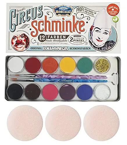 Circus Roncalli 12er Schminkpalette - Schminke & Bühnen-Make-Up – Verwandeln Sie sich in fantasievolle Charaktere mit 10 Farben und Glitzer, ideal für Fasching und Bühnenauftritte!