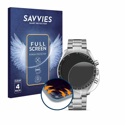Savvies 4 Stück Full-Screen Schutzfolie für Omega Speedmaster Moonwatch Professional (42 mm) Full-Cover Displayschutz-Folie [3D Curved, Transparent]