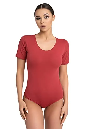 Evoni Damen Body kurzarm l Stringbody aus Baumwolle mit Rundhals l Kurzarmbody für Frauen l Tanga Bodysuit l String Body S bordeaux